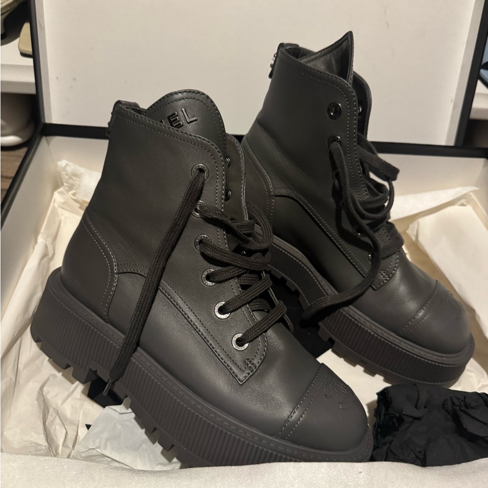 Chanel Gray combat Women's Boots 38.5 sold out everywhere
